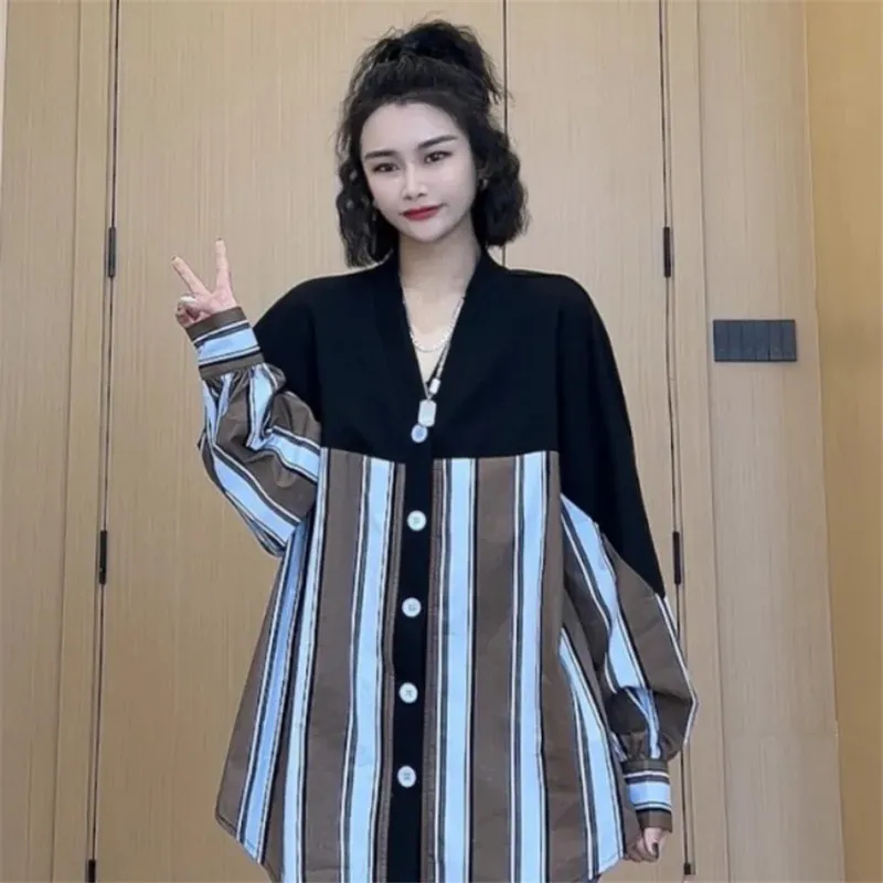 

300 Pounds Large Size Stripe Shirt Women's Spring Autumn New Spliced Design V-Neck Long Sleeved Blouse Female Leisure Top