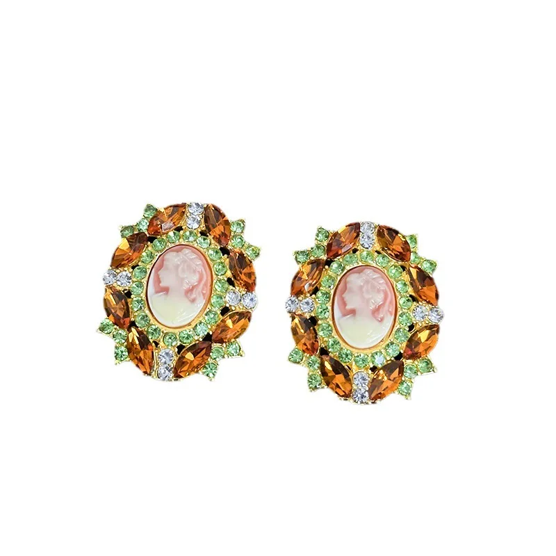 Vintage Colored Zircon Rhinestone Inlaid Head Portrait Earrings for Women Medieval Court Style Luxury Stud Earring Jewelry New