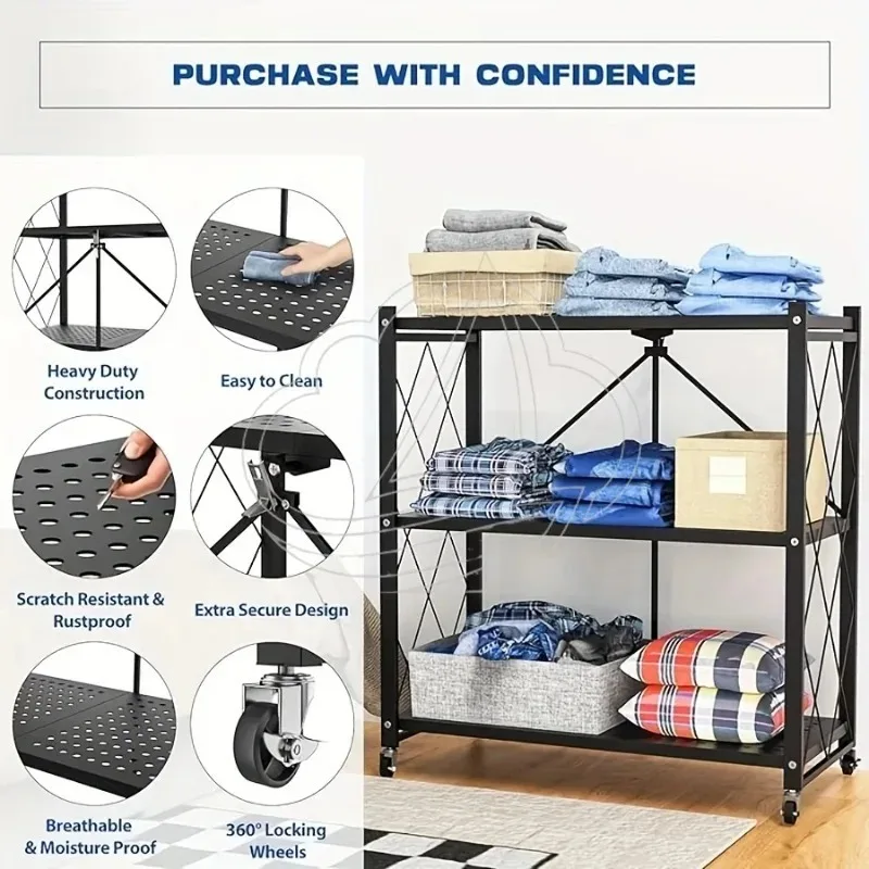 

3/4 Tier Metal Storage Rack with Wheels, Foldable Mobile Shelving Unit, Portable Organizer for Home Office Garage