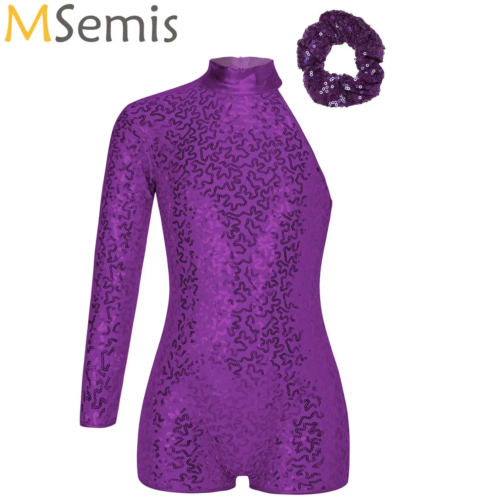 

Kids Girls Ballet Jazz Dance Bodysuit Single Long Sleeve Sequins Zipper Modern Gymnastics Leotard Unitards with Hair Tie Outfit