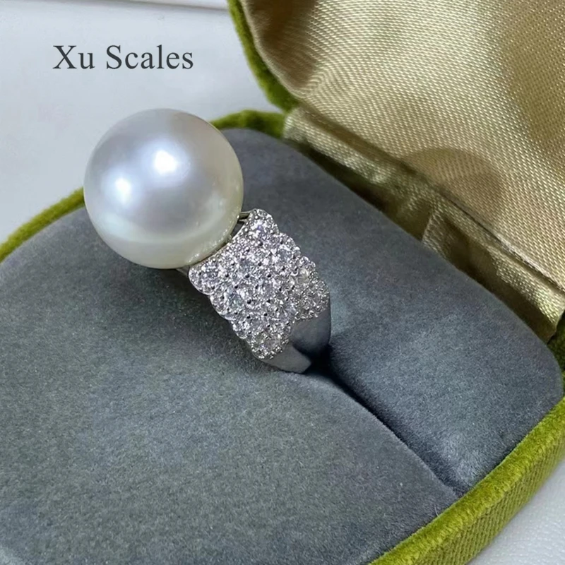 Full Diamond Zircon Surrounding Natural Fresh Water 12-13mm White Pearl Luxury Atmosphere Ring S925 Sterling Silver Jewelry Gift