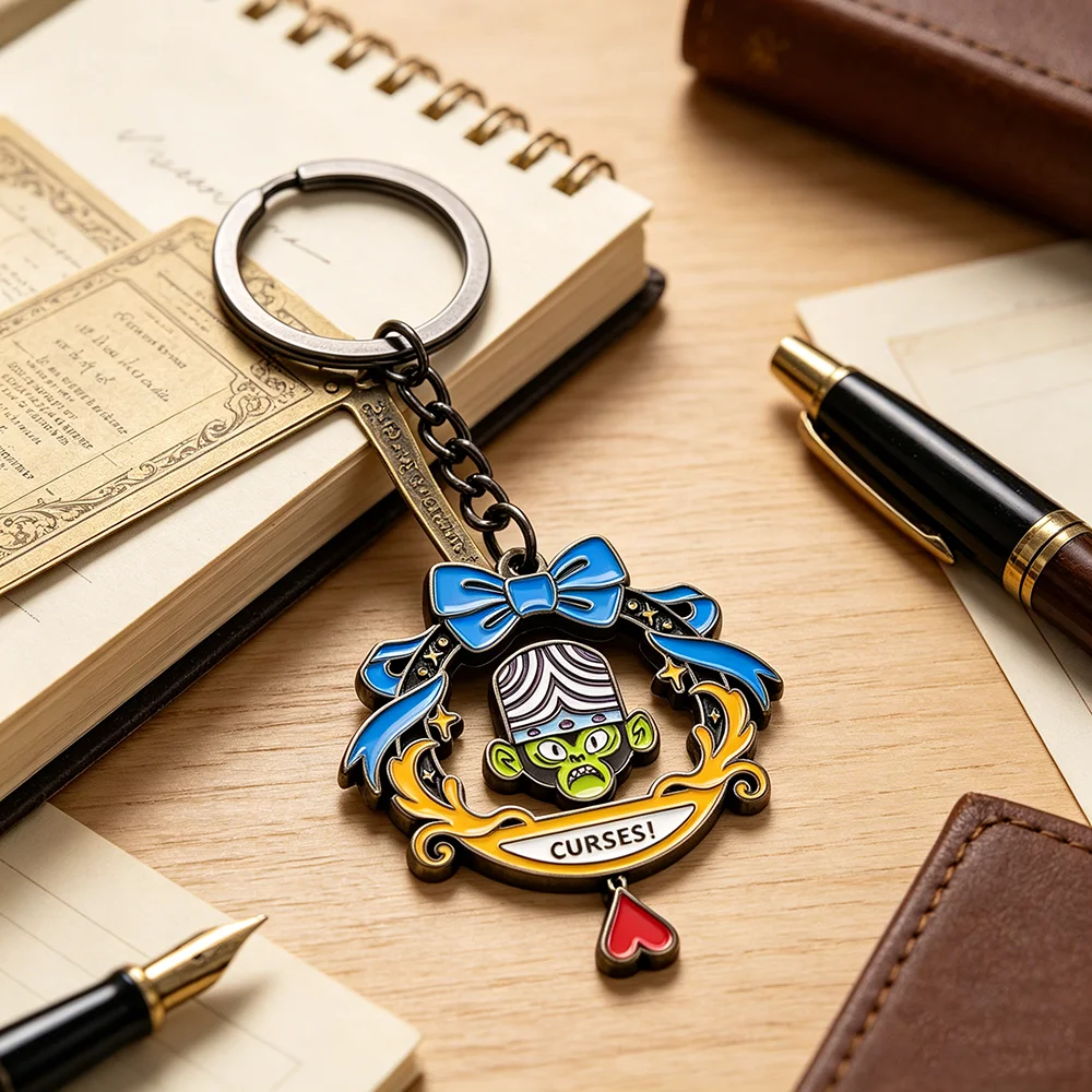 Lustiger Mojo Jojo Drehbarer Schlüsselanhänger, Doppelseitiger Spinning-Schlüsselring, Kawaii-Bösewicht-Figur, Metallanhänger, Taschendekoration, Geschenk für Fans – Detail 12