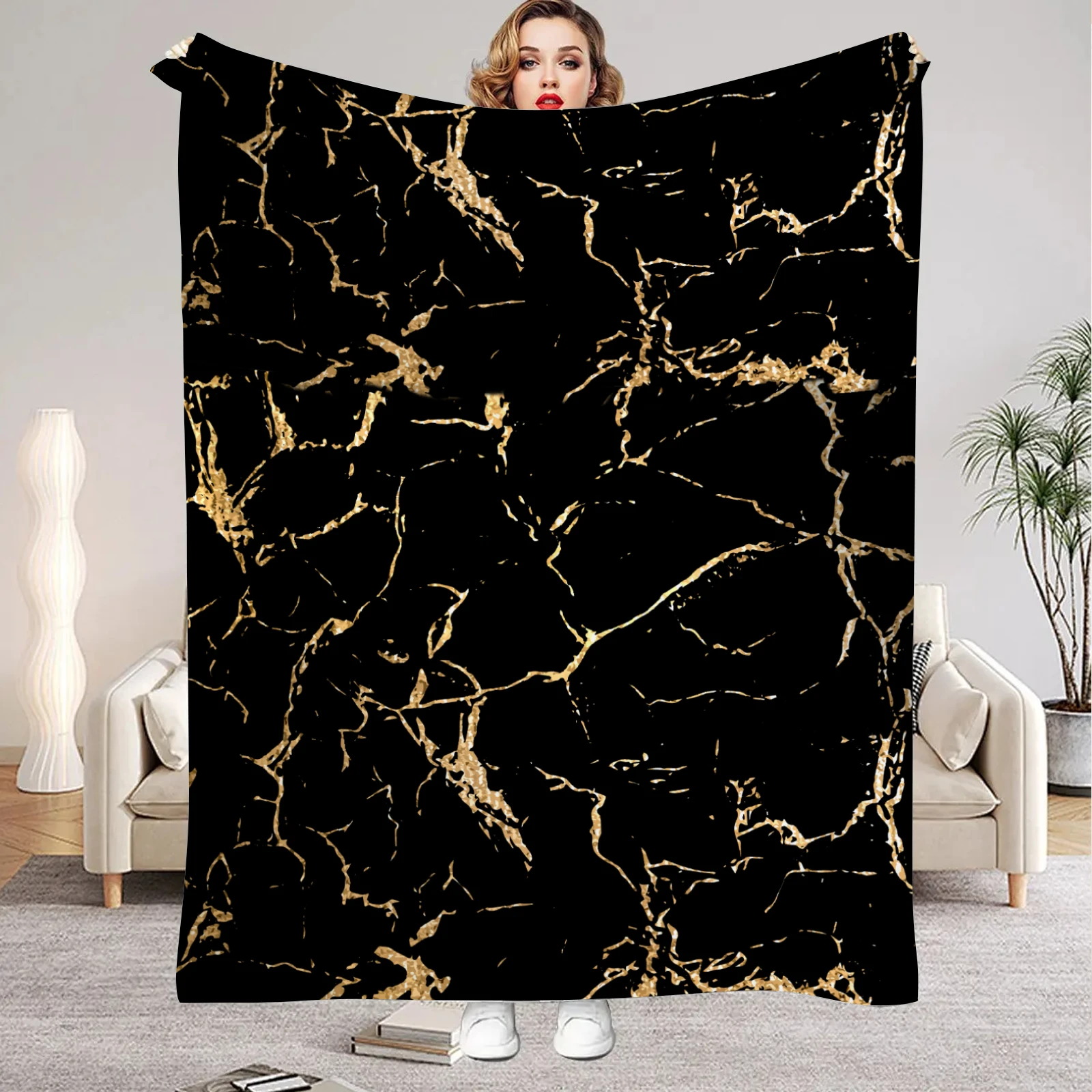 1 Stück schwarze Decke, angereicherter Marmor, bedruckt, luxuriös, bequem, Flanelldecke für Zuhause, Wohnzimmer, Schlafzimmer, Dekoration, Geburtstagsgeschenk