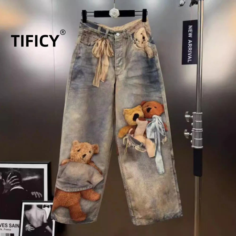 

High Street Jean Pants Women's Winter New Retro Cartoon Teddy Bear Printed High Waisted Straight Leg Denim Pants