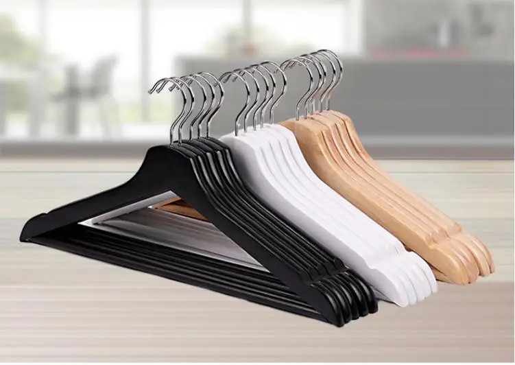 White Black Wood Clothes Hanger with Pants Bar, Durable Shirts Suit Hanger for Hotel, 50pcs/lot Wholesale