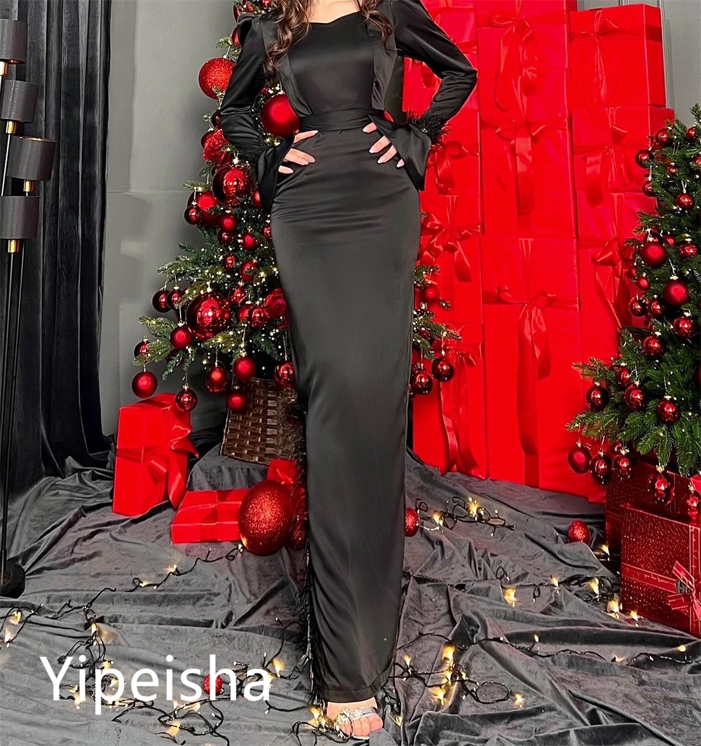 Yipeisha Sexy Fashion Square Sheath  Evening  Celebrity  Flowers Sequin Feathers Fold Satin Prom Dresses