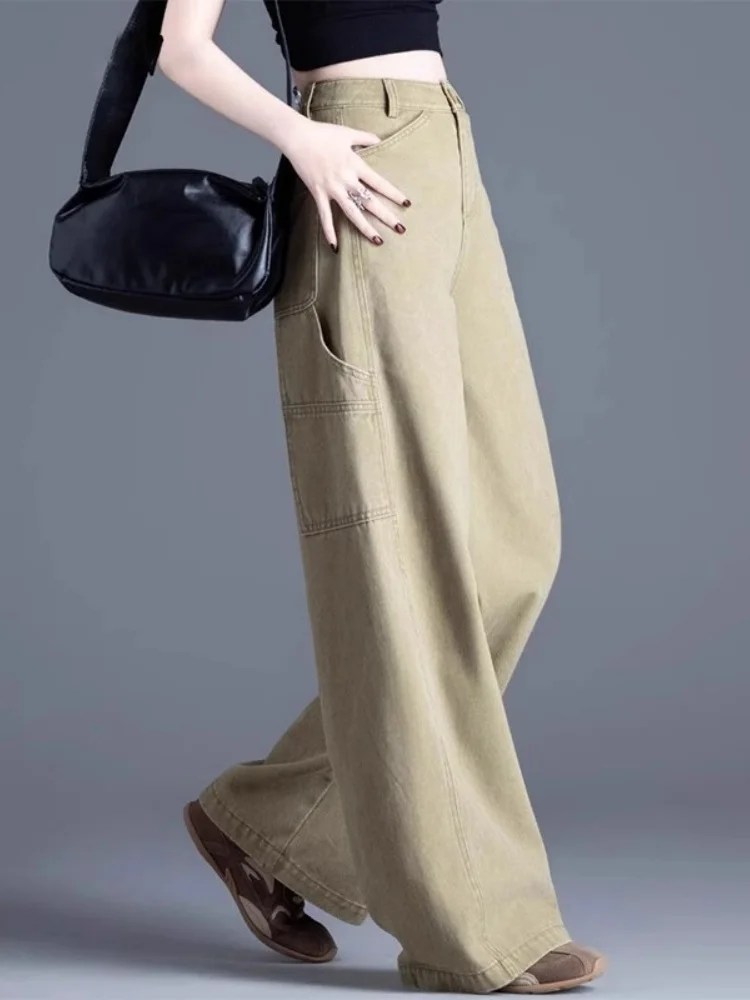 High Waist Wide Leg Denim Jeans Women's Spring 2025 Loose Casual Pants Drapey Khaki Straight Leg Trousers Pear Body ape