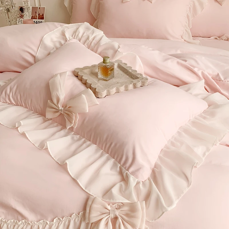 Pink Princess Lace Bedding Set Korean Style Luxury Wedding Bow Ruffles Quilt/Duvet Cover Bed Sheet Pillowcases Queen King Size