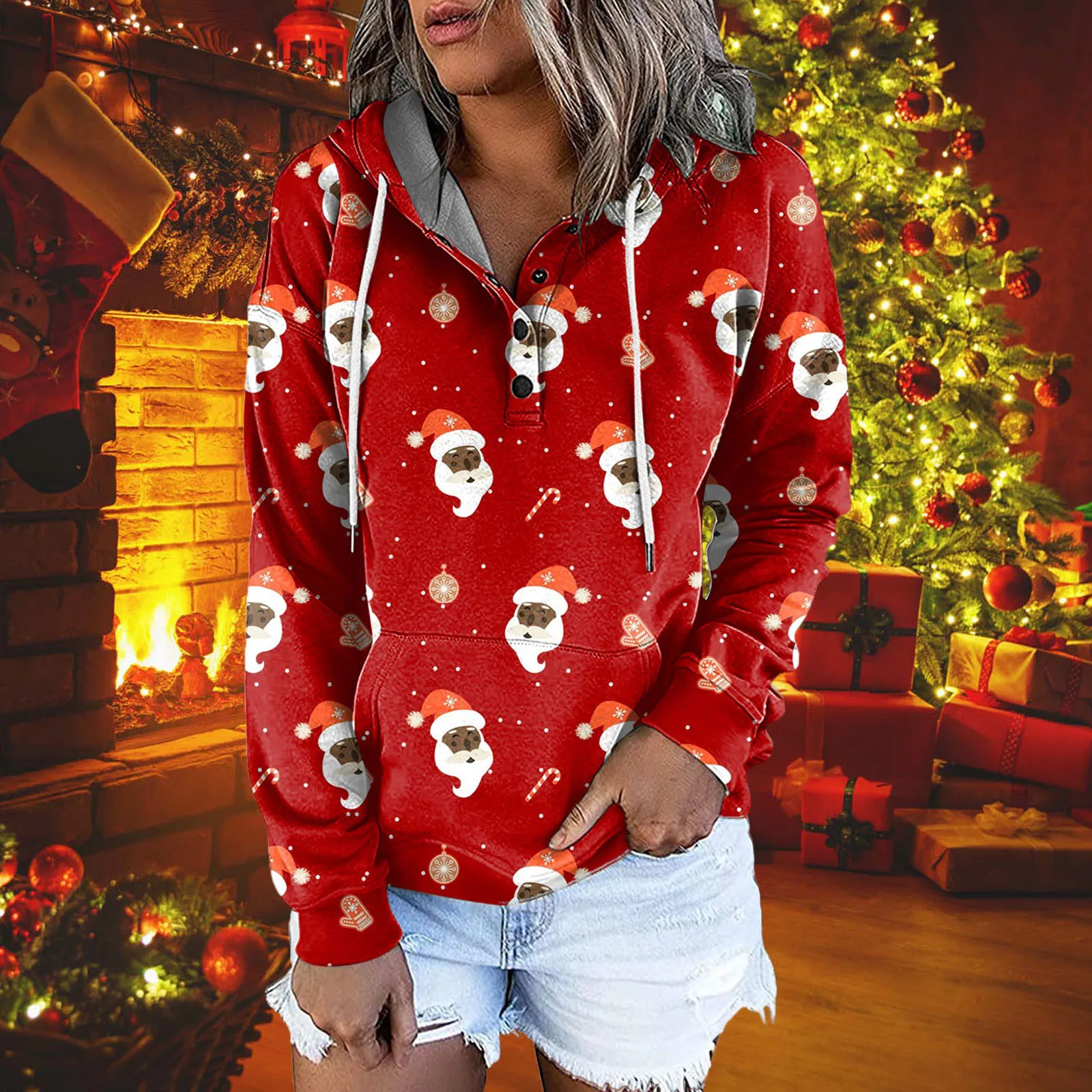 

Casual Womens Hoodie Women Shirt Print Loose Button Pocket Drawstring Long-Sleeved Hoodie Sweatshirt Women S Sweatshirts