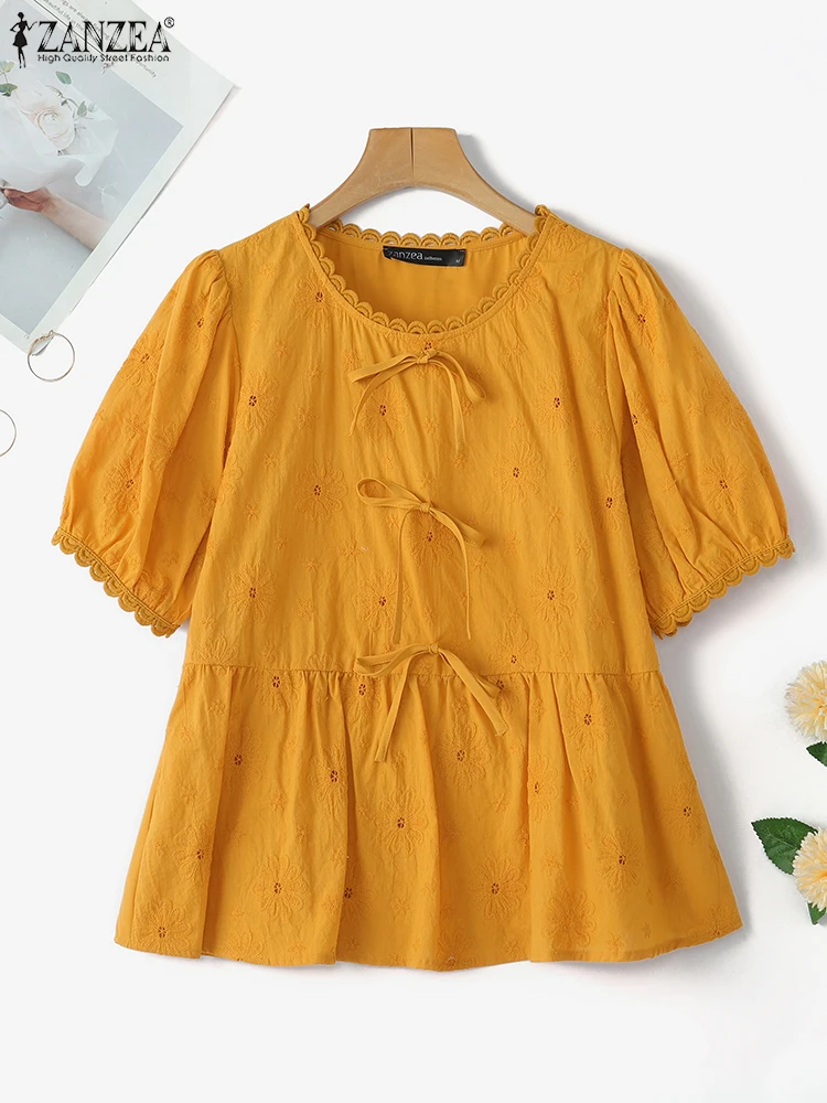 ZANZEA 女性トップス Sweety 無地レースホリデーボウタイステッチ韓国ブラウスパフ半袖チュニックカジュアルサマーシャツ