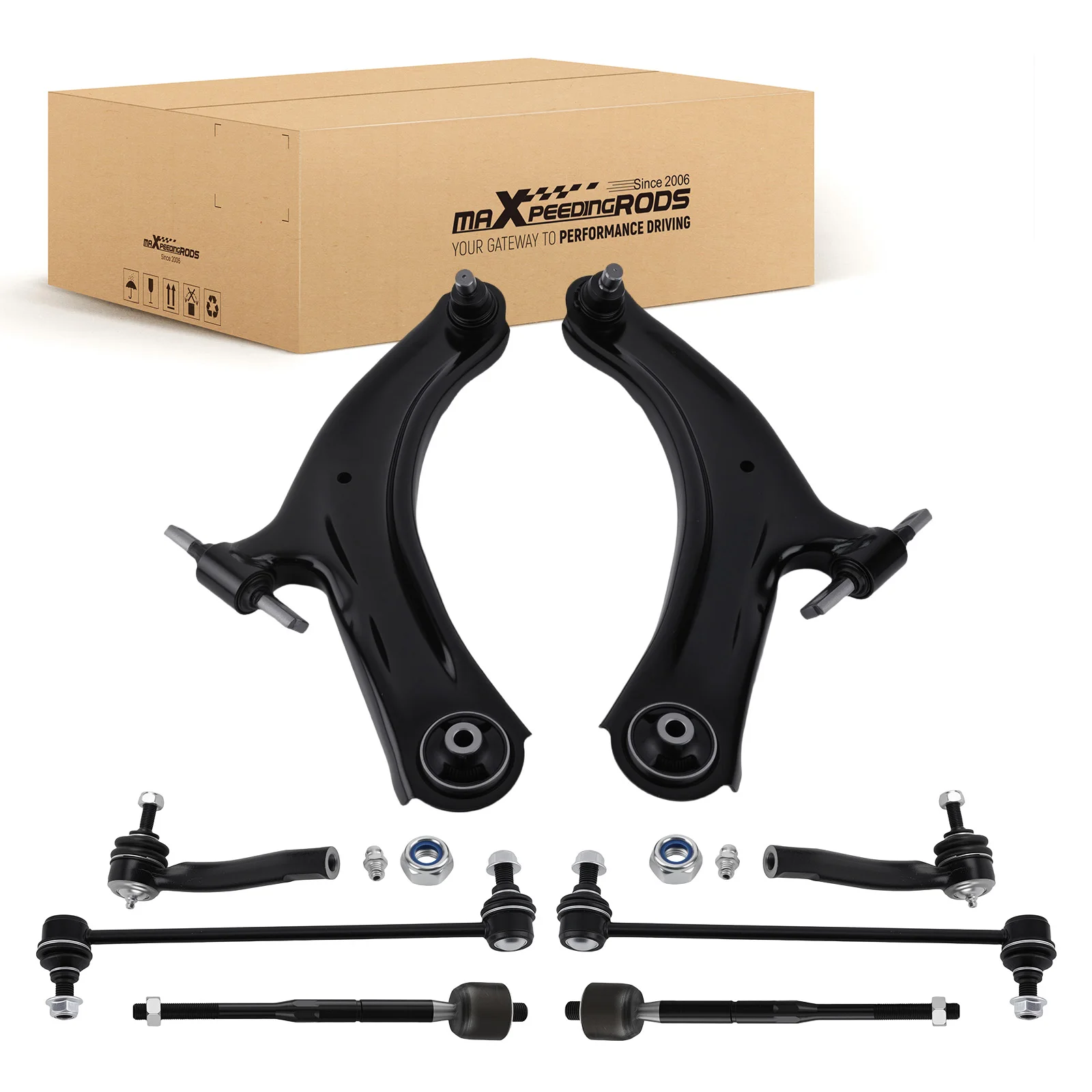MaXpeedingrods 8pcs Front Lower Control Arms + Tie Rod + Sway Bar Link for Nissan Sentra 2007 - 2012 All Models