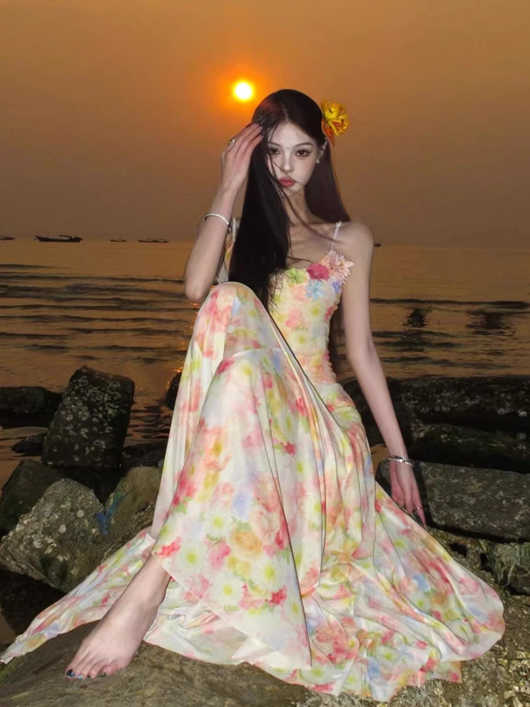 Praia foto adequada linha a dr estampa floral ter ne saia longa leve chiffon verão vaion sle feminino dr