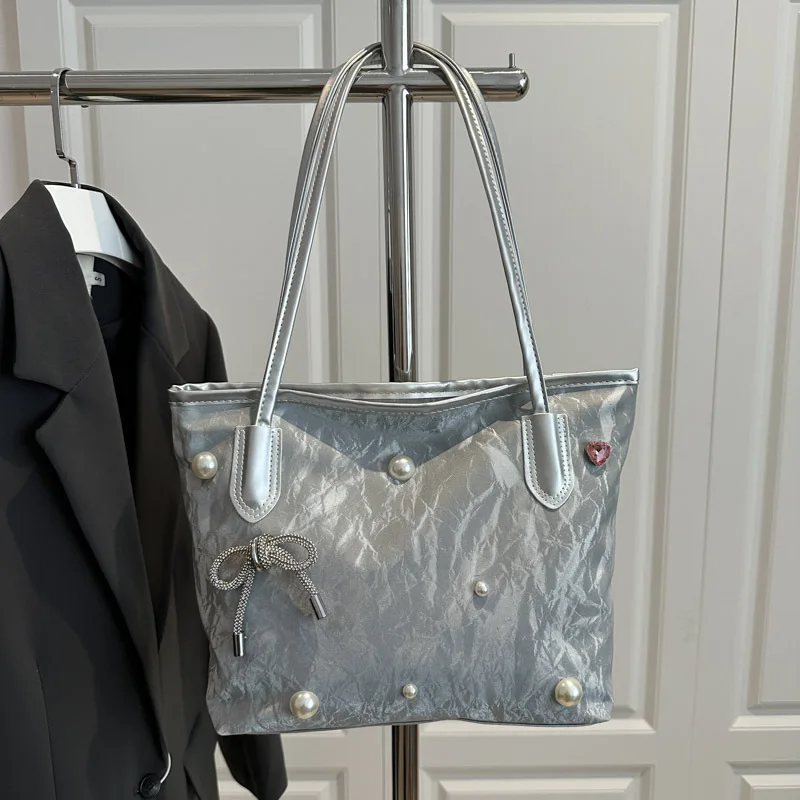 

​​2025 Large Capacity Tote Bag for Women Pearl Bow Detail Shoulder Bag Versatile Underarm Purse Elegant High End Handbag​