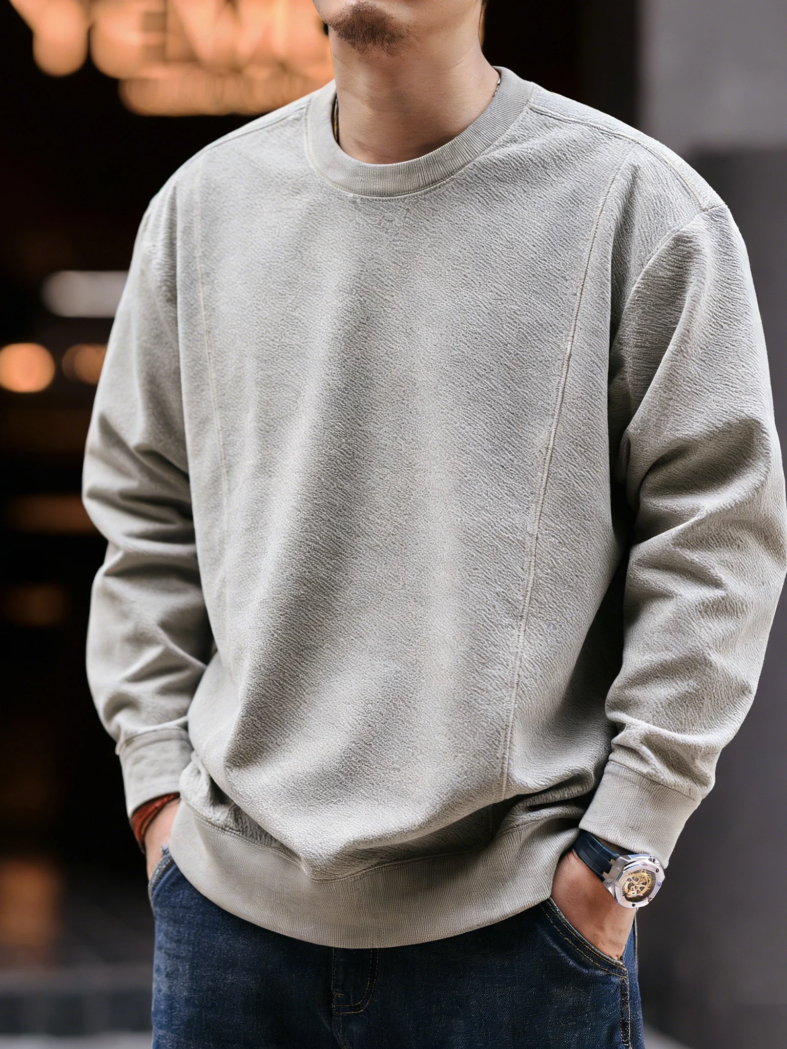 

Мужская толстовка в американском ретро-стиле, плотная, в клетку, весна-осень, новая модная модель, фактурная, свободного кроя, с круглым вырезом, мужская футболка