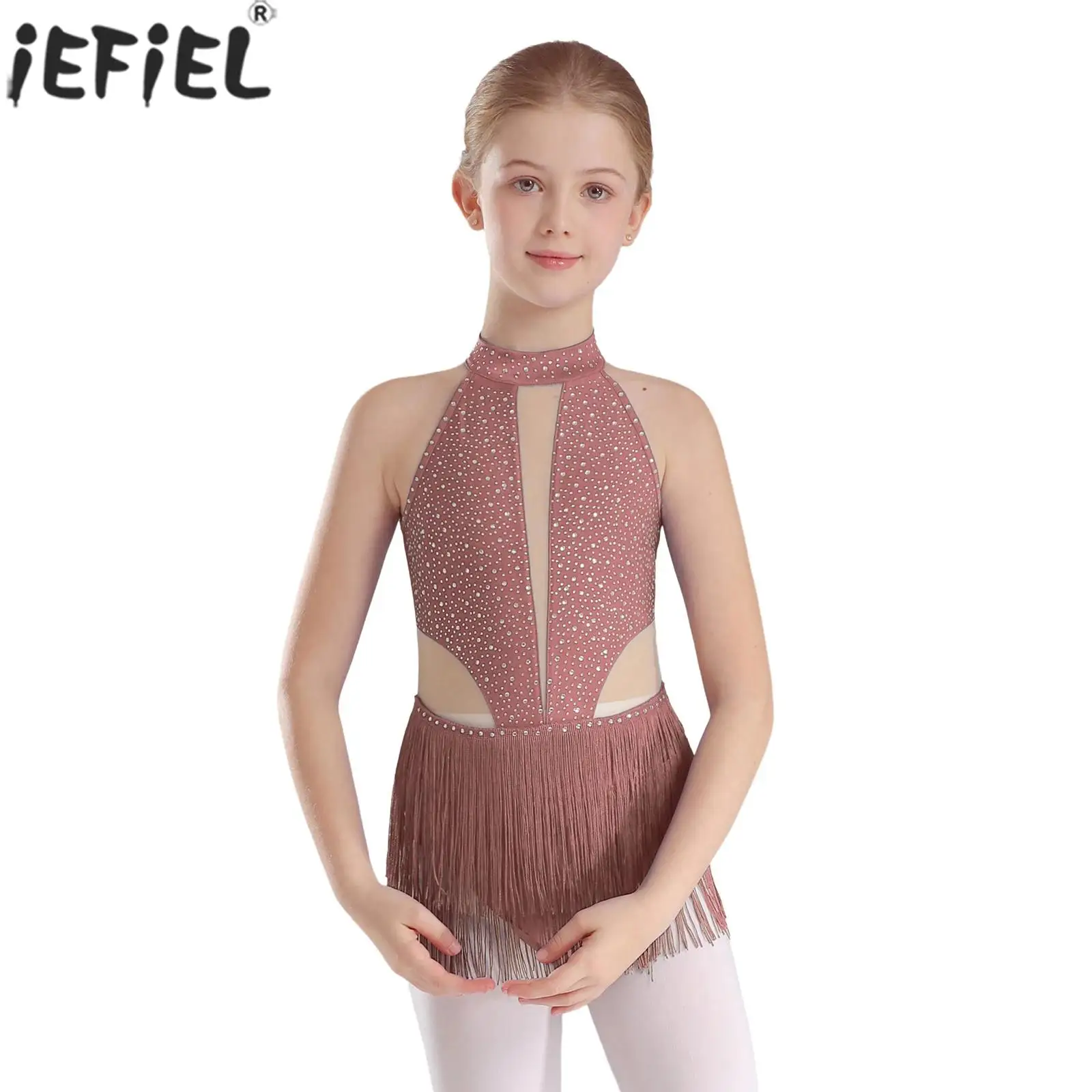 Girls Latin Dance Leotard Figure Skating Performance Costume Sleeveless Rhinestone Fringed Cha-Cha Rumba Samba Bodysuit Dress