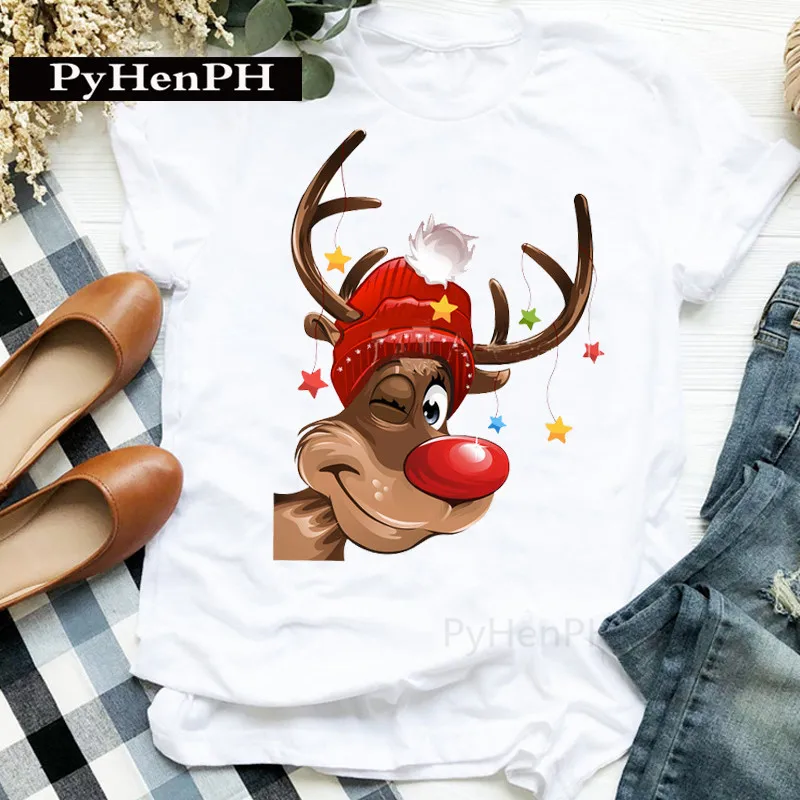 White Super Fire Elk Print Christmas T-shirt Unisex Couple Shirt Graphic T Shirts  Women Clothing  Harajuku  Tops