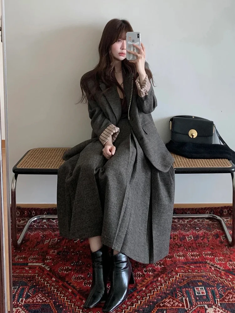 

Korean Sle Slimming Woolen Suit Set Women's Autumn Winter 2025 New Long Skirt Two-Piece Set Casual Sle Faion Ensemble