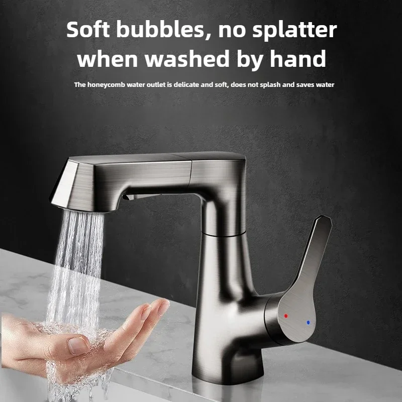 Rotary Pull-Out Sink Faucet Three-Mode Hot and Cold Bathroom Mixer Tap for Washbasins Versatile Bathroom Fixture