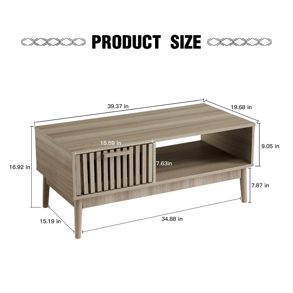 

Mid Century Modern Coffee Table with 2-Tier Storage (Drawer & Open Shelf) - Retro 39.4-inch Wood Living Room Furniture, Assembly, & suitable for modern Farmhouse or Apartment - Space-Saving Design Coffee Table