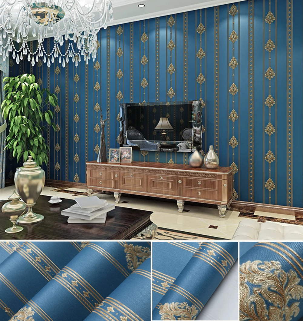 European Style Blue Damask 3D PVC Embossed Wallpaper Luxury Bedroom Living Room Striped Vinyl Wall Paper Floral