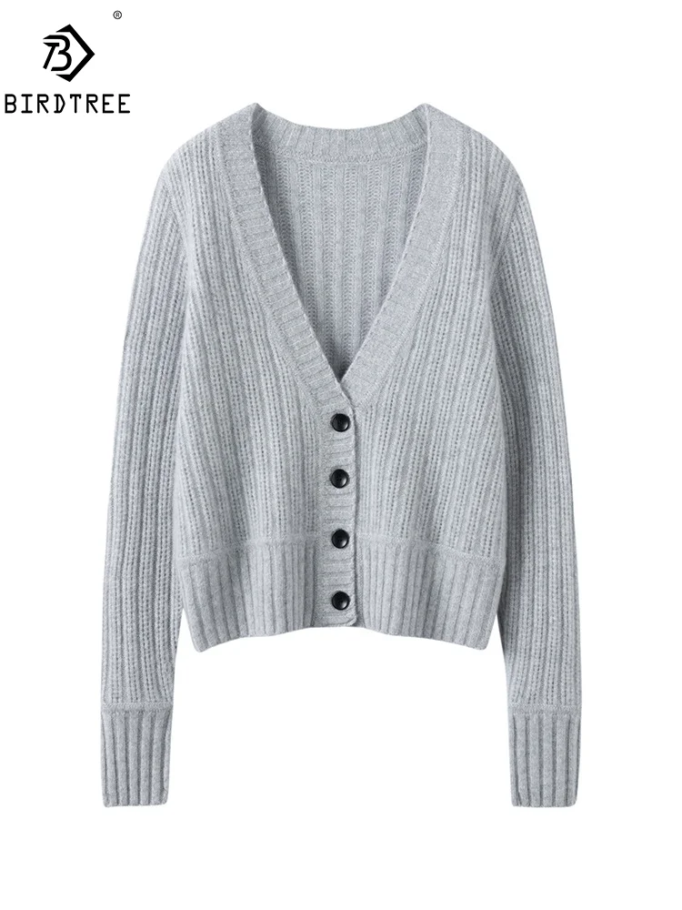 BirdTree, Elegant 100%Pure Cashmere Cardigans, Women Vneck Long Sleeve, Fashion Casual Sweater Coat, Autumn Winter Top C48607QM