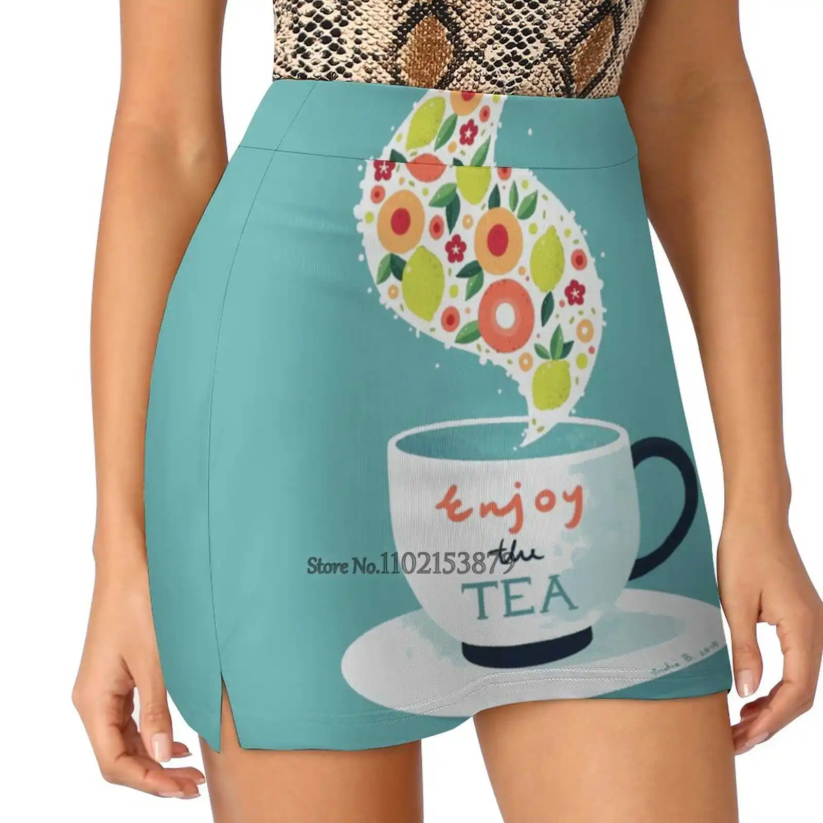 Enjoy The Tea Women Sports Skirt Tennis Golf Dance Fitness Running Yoga Skirts Tea Cup Floral Fruit Color Calm Nursery Text