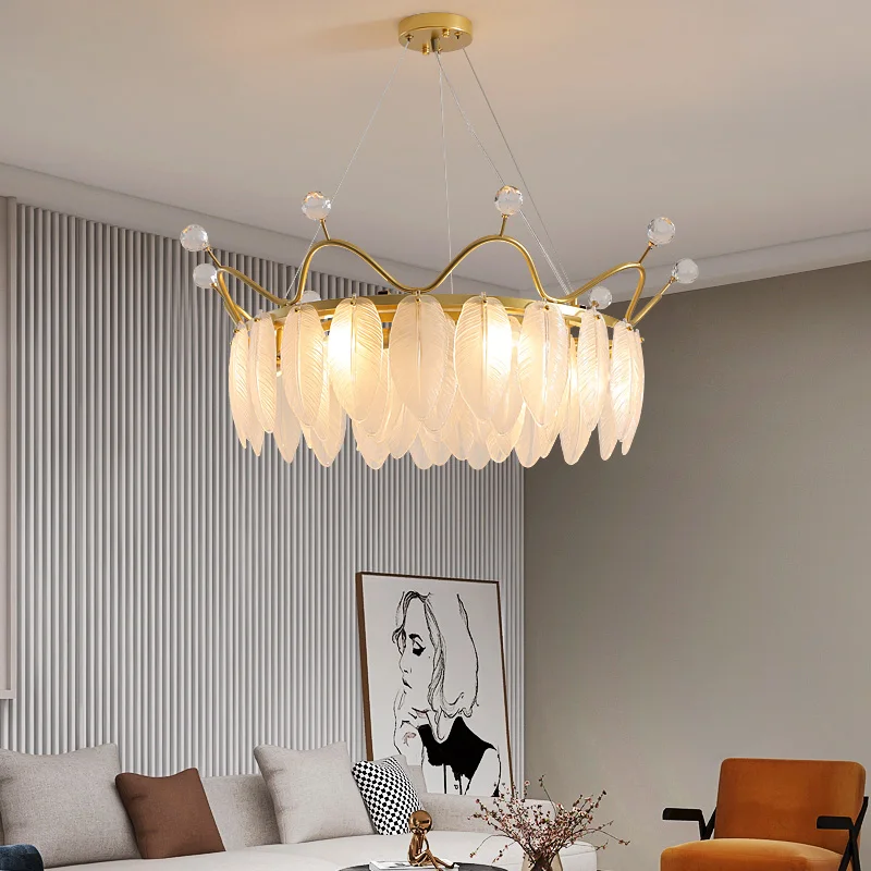 American Minimalist Living Room Dining Table Pendant Light Hotel Bedroom Crown Feather Crystal Pendant Lamp