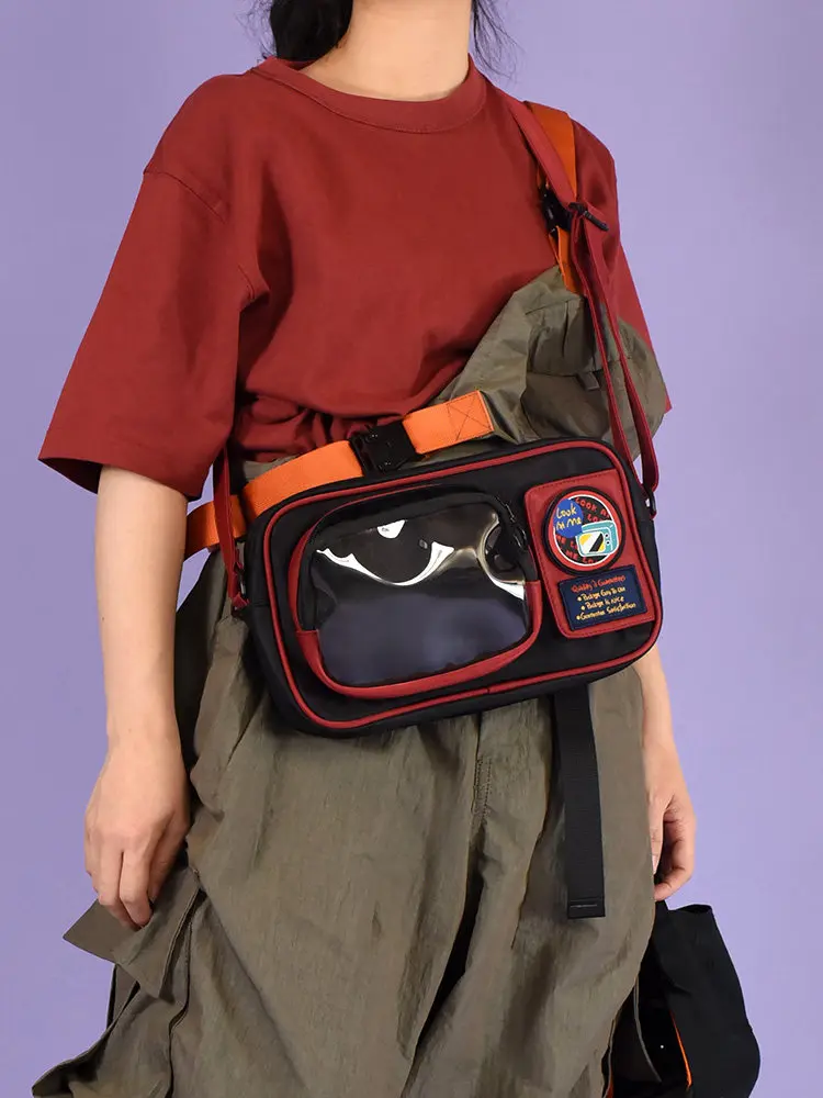 Japanese Color Block Ita Bag Crossbody Sling Bags Clear Window Pin Display Bag Nylon Casual Anime Shoulder Bags for Students