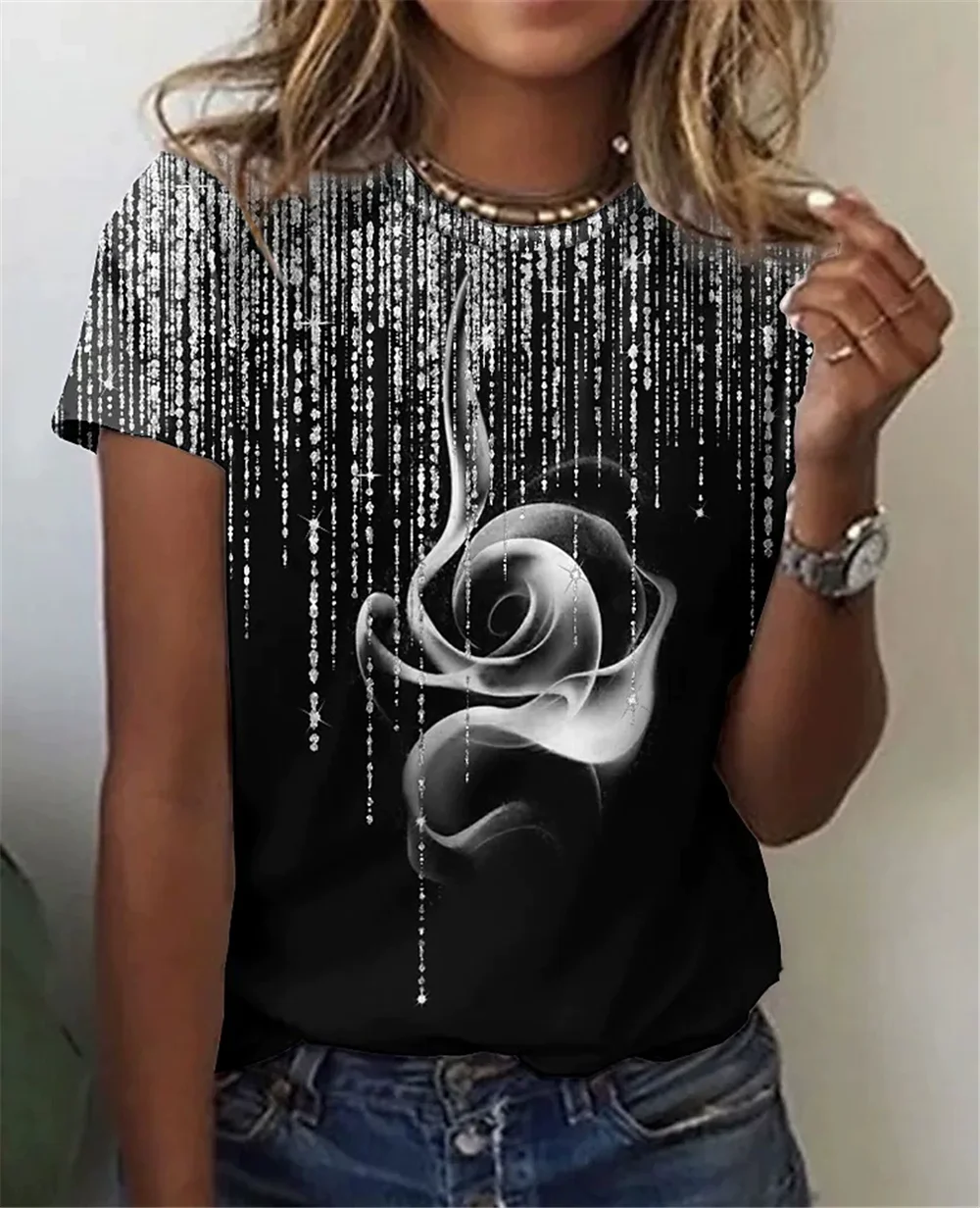 Fashion Rose Floral Pattern Women T-Shirts Summer Short Sleeve 3D Print Street Flower Trend Ladies Tee 6XL Plus Size Casual Tops