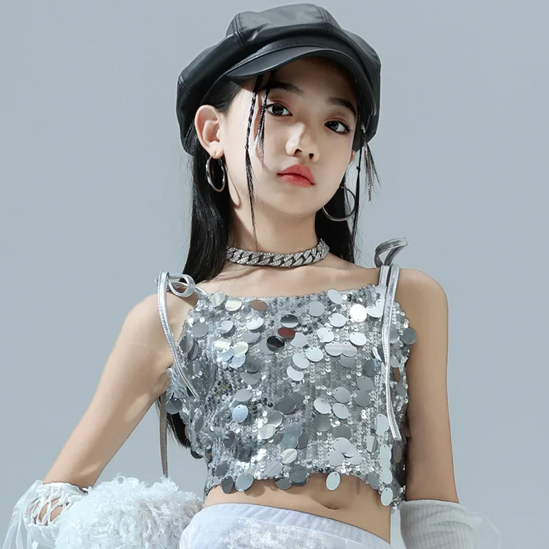 Girls Jazz Dance Performance Silver Glitter Vest Bell Bottom Pants Hip-hop Suit Street Dance Clothes Catwalk Show Costume