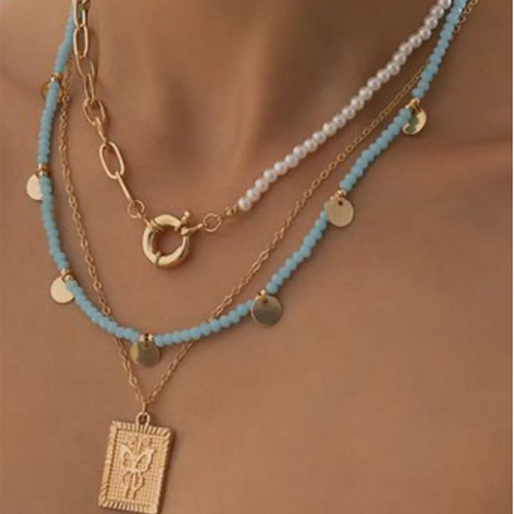 Boho Fashion Multilayer Color Bead Artificial Pearl Chain Necklace For Women Female Vintage Sailor Buckle Sequin Pendant Jewelry