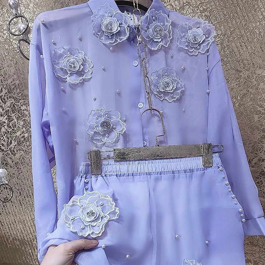 Luxury Pearls Beaded 3D Flowers Silk Yarn Shirts Purple Floral Embroidery Chiffon Blouses Cardigan Tops+Straight Shorts 2pcs Set