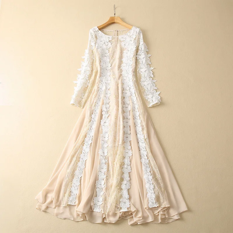 

European and American women's clothes 2023 spring new Long sleeve hollowed out embroidery fashion Pleated Dress XXL