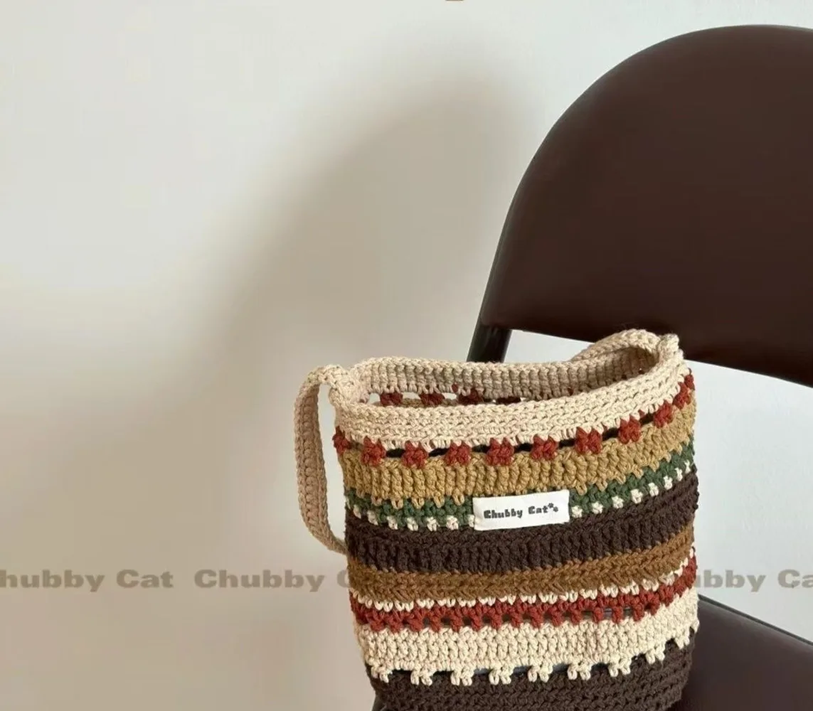 finished-handwoven-korean-version-lazy-handheld-shoulder-bag-forest-series-colorful-spliced-cotton-rope-hollow-bag-water-bucket