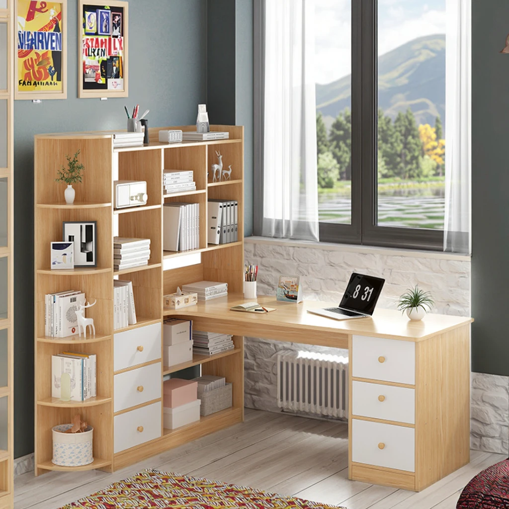 Modern simple expandable wooden computer desk bookcase combination student bedroom corner writing desk living room study