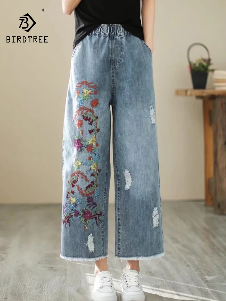 

Новые осенние джинсовые хлопковые джинсы 2025 года, женские свободные широкие брюки с эластичной резинкой на талии и цветочной вышивкой, винтажные широкие брюки Mori Girl B58230CC