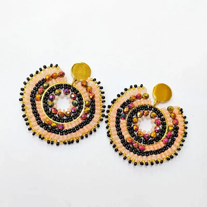 Rice bead earrings Crystal Roundness Hollow out Originality Tide Hand knitting Bohemia Alloy Simple Beaded earrings