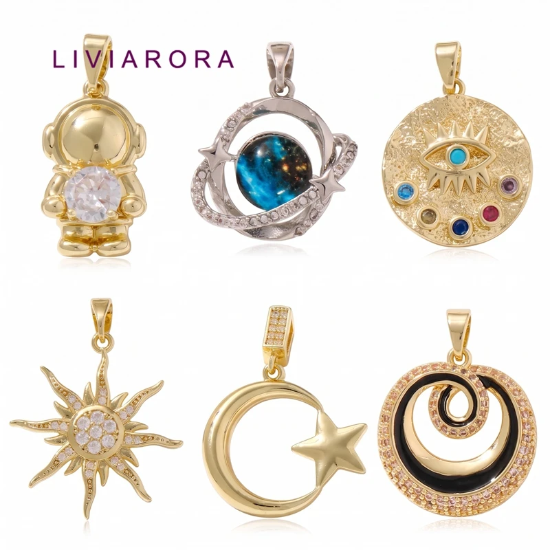 2Pcs 18K Gold Plated Brass Moon Star Celestial Galaxy Pendant Astronaut Sun Charms Evil Eye Round Disk Charms For Jewelry Making