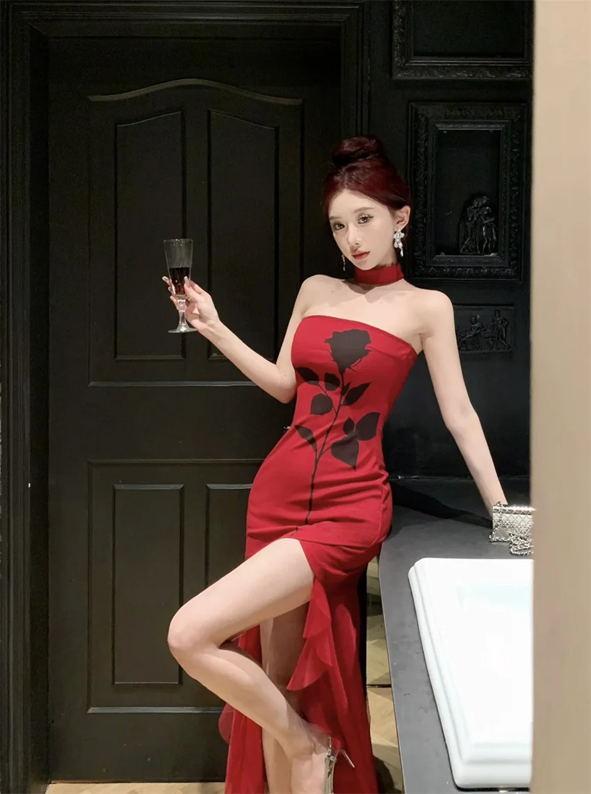 Rok A-Line Panjang Model Bodycon Korea dengan Tali Selempang, Desain Cetak Mawar Musim Panas, Cocok untuk Kerja dan Santai