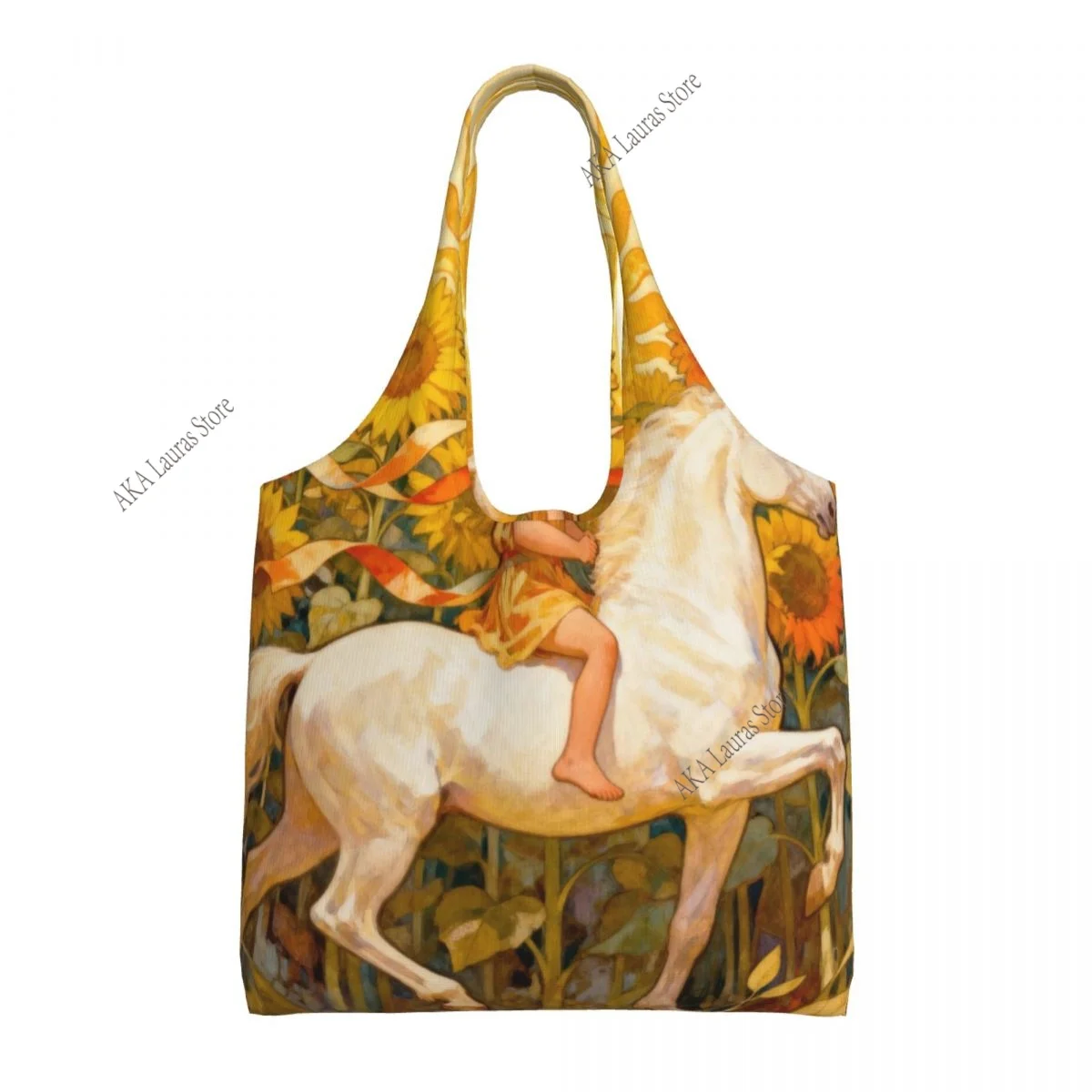 Shopping Bags Women Portable Golden Child Riding Through Sunflowers Big Capacity Grocery Shopper Tote Bags