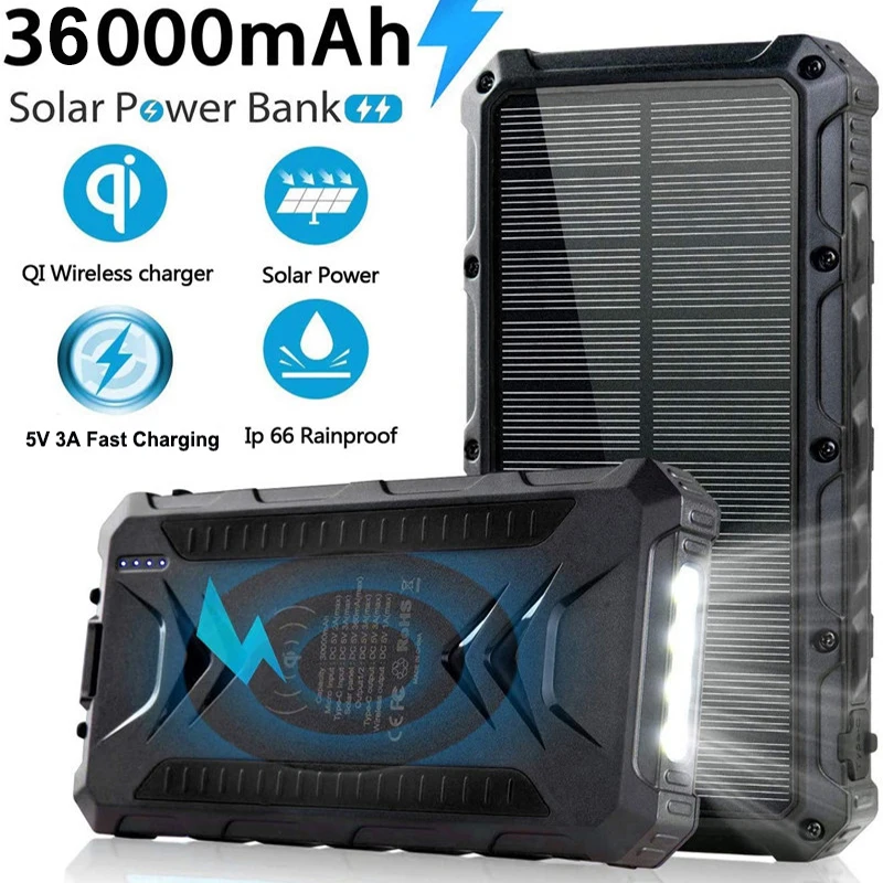 

Solar Power Bank 36000mAh Portable Qi Wireless Charger 3A Fast Charging Powerbank for iPhone 16 Samsung Huawei Xiaomi Poverbank