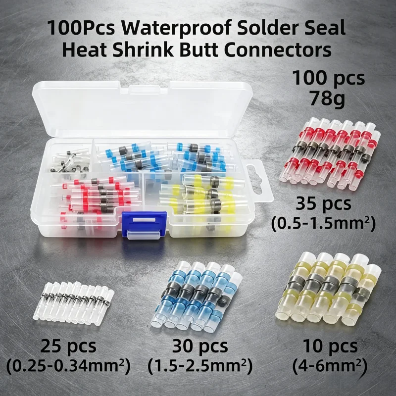 100Pcs Waterproof Solder Seal Heat Shrink Butt Connectors, Mixed Color Wire Splice Terminals White Red Blue Yellow for Quick Cab