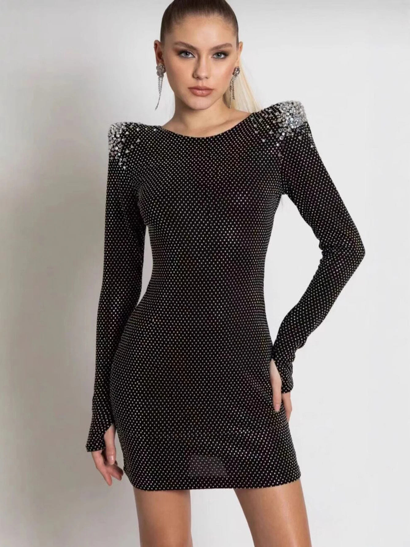 High Quality Women'S Sexy Mesh Long Sleeved Shiny Diamond Double-Sided Wearable Bandage Mini Dress Elegant Party Dress Vestidos