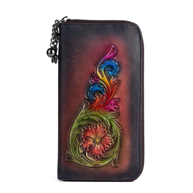 3D Floral Genuine Leather Purse Woman Large Long  Real Leather Clutch Fashionable Ladies Cow Leather Wallets