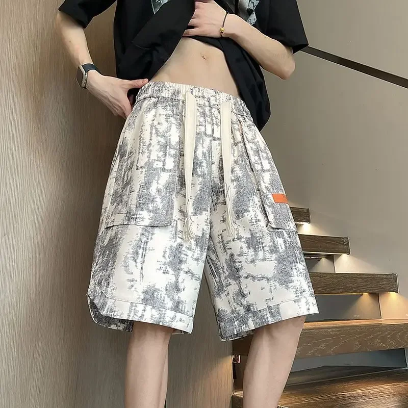 

С карманами, эластичной резинкой на талии, свободные мешковатые короткие брюки для мужчин, мужские шорты-карго, широкие выше колена Y2k, винтажные, дешевые, повседневные, новые в V-образном стиле