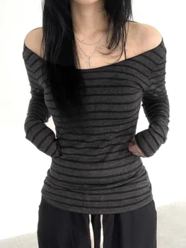 Harajuku Basic Slim Long Sleeve Stripe Tee Off Shoulder O Neck Korean Street Style Spring…