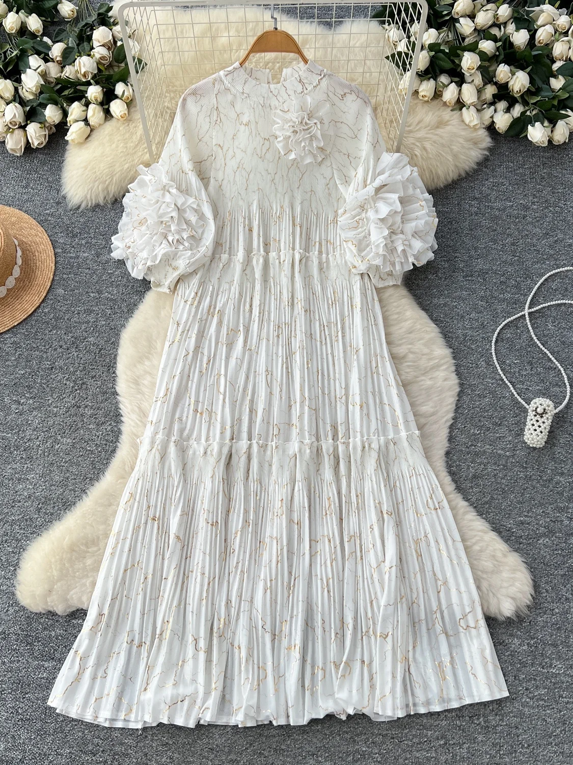 Rétro plissé Dr femmes automne Faion taille haute lanterne Sve jupe longue t-shirt fleur dimensionnelle embelli coupe ample