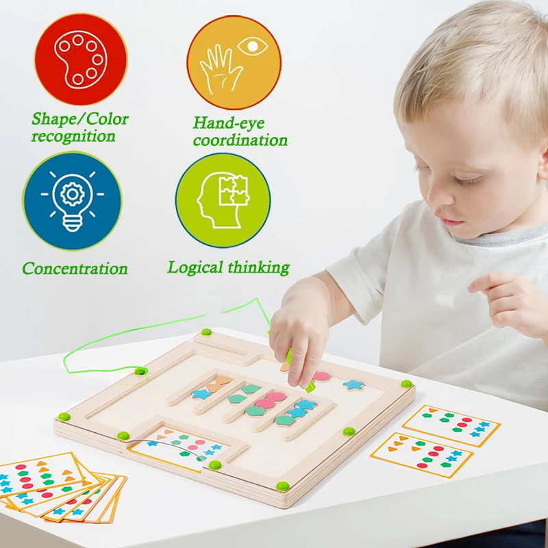 Wooden Color Shape Magnetic Maze Magnetic Sorting Travel Board Montessori Educational Learning Toys For Age 3+ Fine Motor Skills