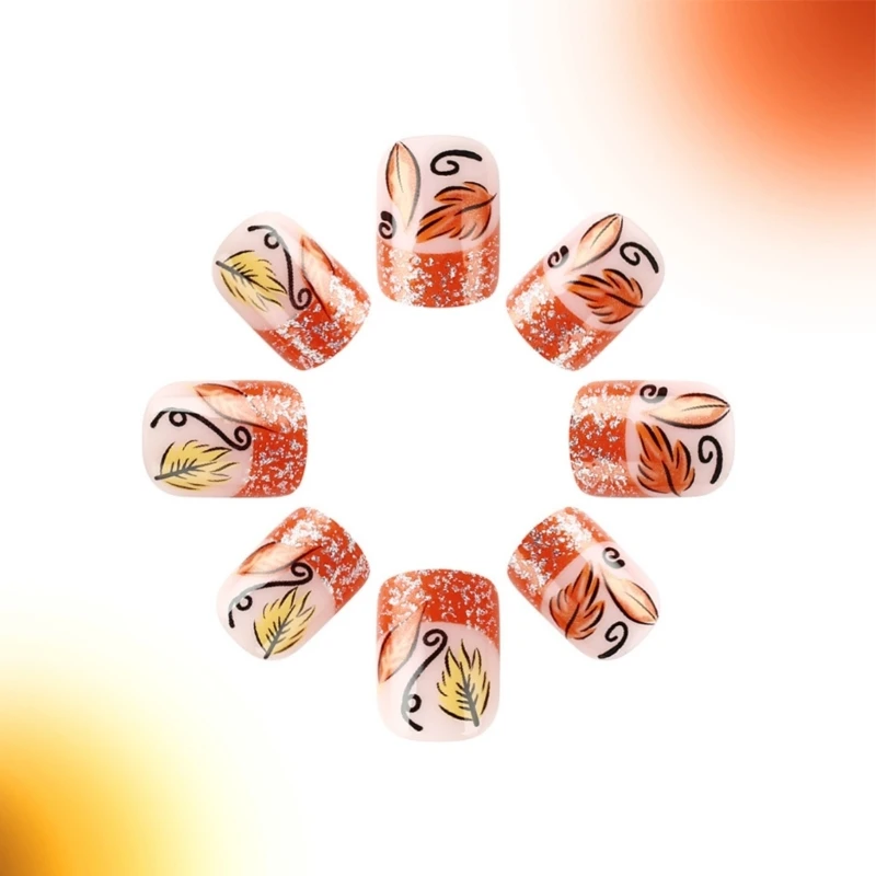 E1YE Short Square Autumn Acrylic Press On Nails Glitters Maple Leaf Design 24Pcs