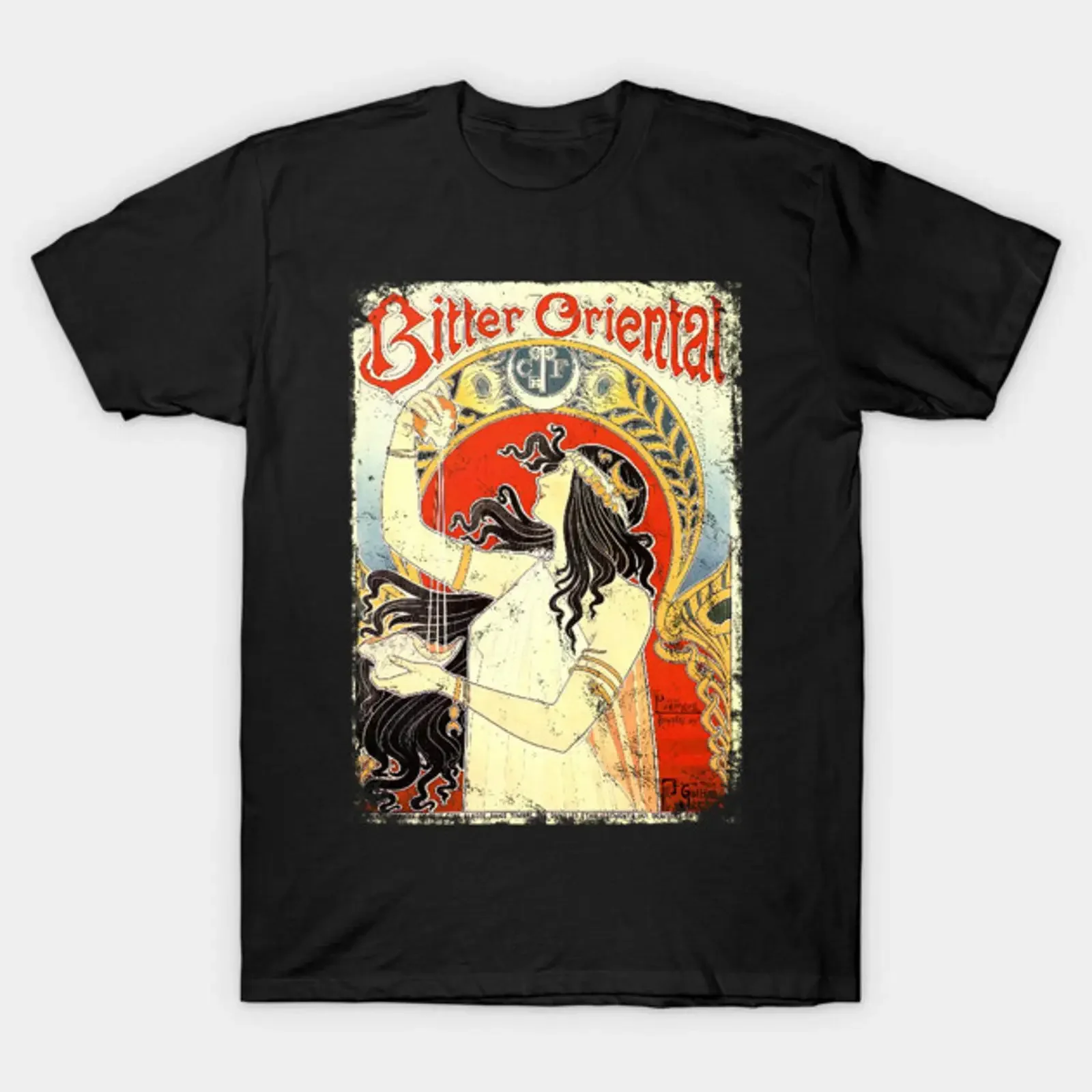 Art Nouveau Bitter Oriental Alphonse Mucha Design T Shirt vintage Washed Stylish Stretched Unisex Slightly homme